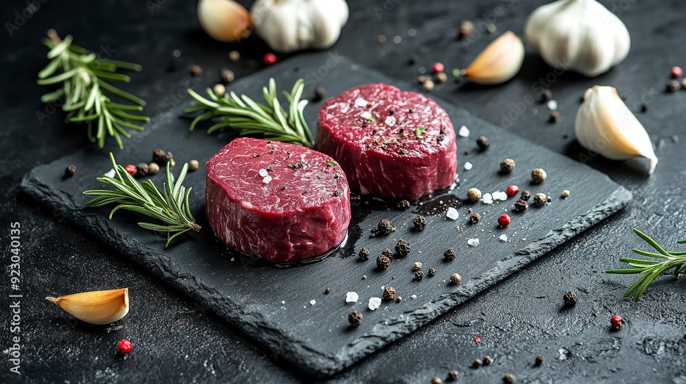 Fresh uncooked beef steaks with rosemary, garlic, and pepper on a slate board, ready for cooking. Perfect ingredient for various meat recipes. Fresh uncooked beef steaks with rosemary, garlic, and pepper on a slate board, ready for cooking. Perfect ingredient for various meat recipes.