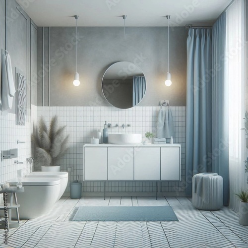 3d rendered bathroom colored grey illustration with realistic style among mirror and bathtab. suitable for building image and architecture interior.