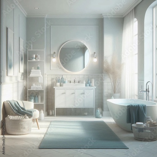 3d rendered bathroom colored grey illustration with realistic style among mirror and bathtab. suitable for building image and architecture interior.