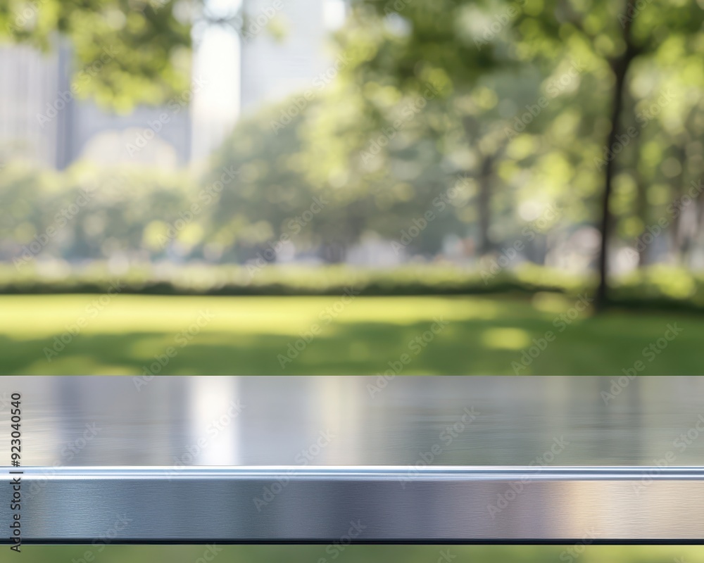 Sleek aluminum table top with crisp edges, blurred urban park in the background, blending modern design with a touch of nature, sharp shiny top table, urban and nature fusion Sleek aluminum table top with crisp edges, blurred urban park in the background, blending modern design with a touch of nature, sharp shiny top table, urban and nature fusion