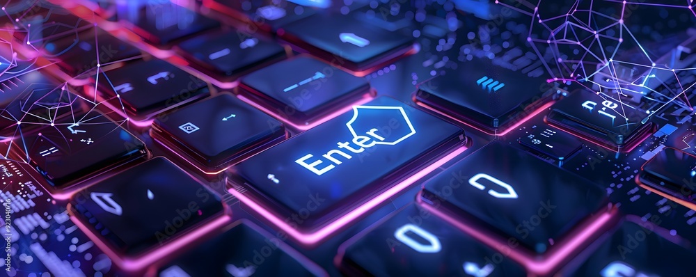 Illuminated Enter Key on a Modern Keyboard with Neon Lights