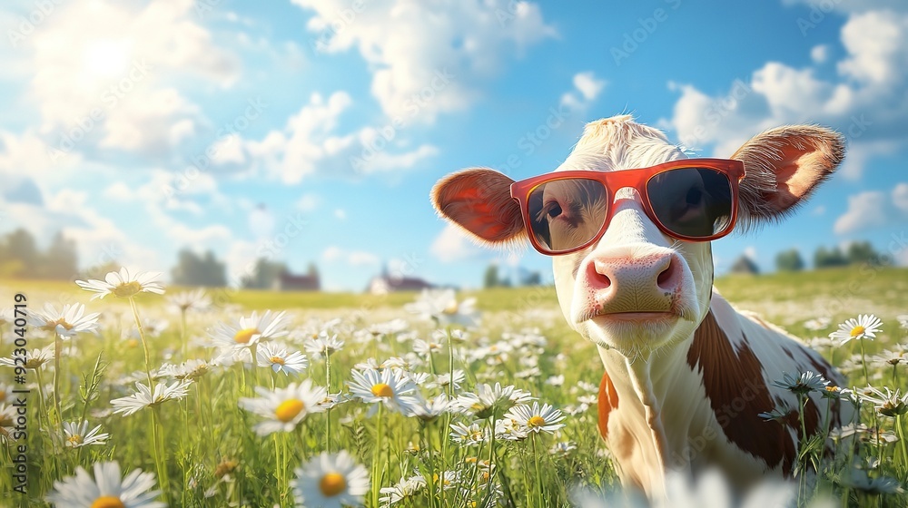 Humorous portrait of a happy cow with sunglasses in a sunny field of daisies, representing joy, summer vibes, whimsy in nature, and a carefree attitude in rural life Humorous portrait of a happy cow with sunglasses in a sunny field of daisies, representing joy, summer vibes, whimsy in nature, and a carefree attitude in rural life