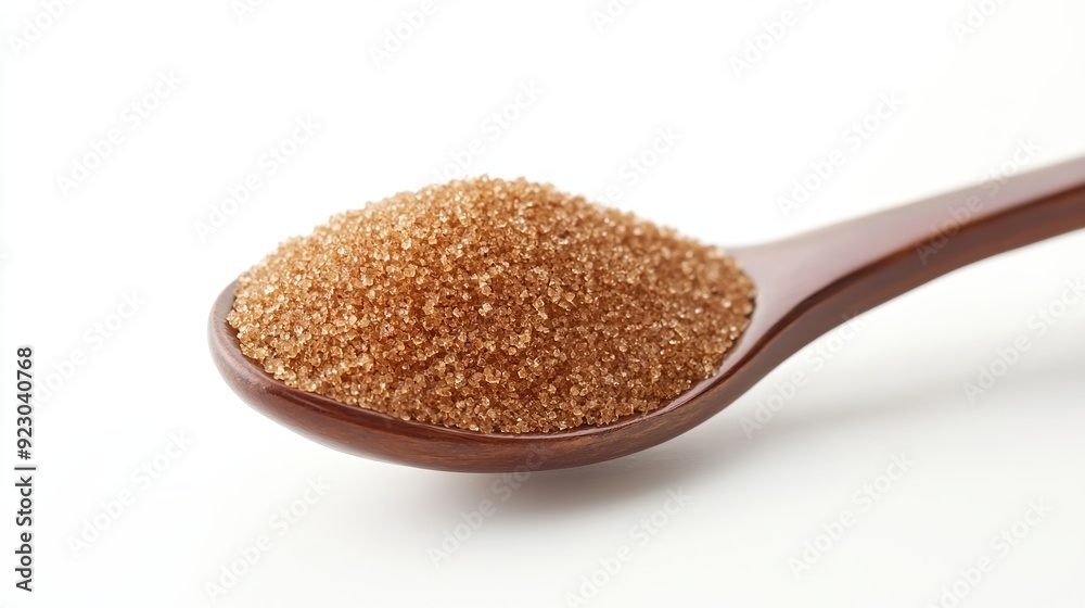A teaspoon filled with coconut sugar, isolated on a white background. A teaspoon filled with coconut sugar, isolated on a white background.
