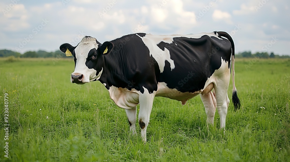 A beautiful black and white cow grazes peacefully in a lush green field surrounded by a serene pastoral landscape. Farming concept A beautiful black and white cow grazes peacefully in a lush green field surrounded by a serene pastoral landscape. Farming concept