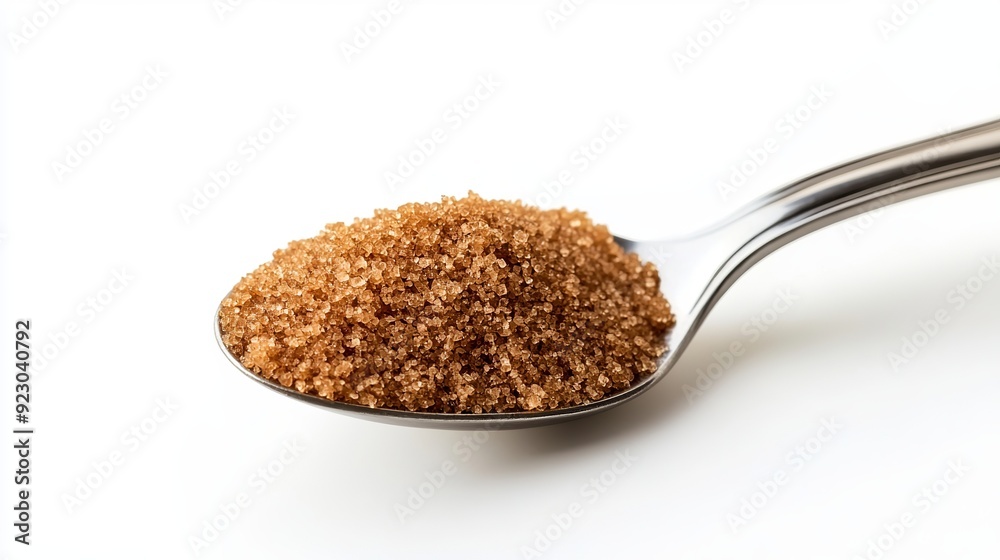 A teaspoon filled with coconut sugar, isolated on a white background. A teaspoon filled with coconut sugar, isolated on a white background.