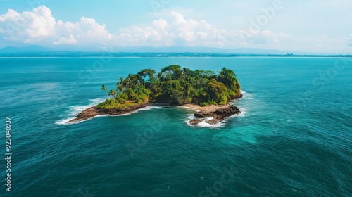 Aerial view of a small island nestled in the middle of the ocean near Sapzurro, Capurganá, Colombia.