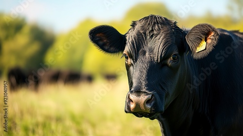 A majestic black cow stands proudly in the outdoor pasture, its snout poised for grazing as part of a peaceful herd of bovine livestock 