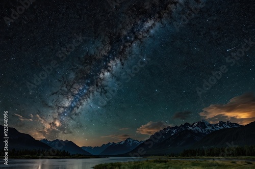 Beautiful night sky.Mountains, rivers, stars and the Milky Way