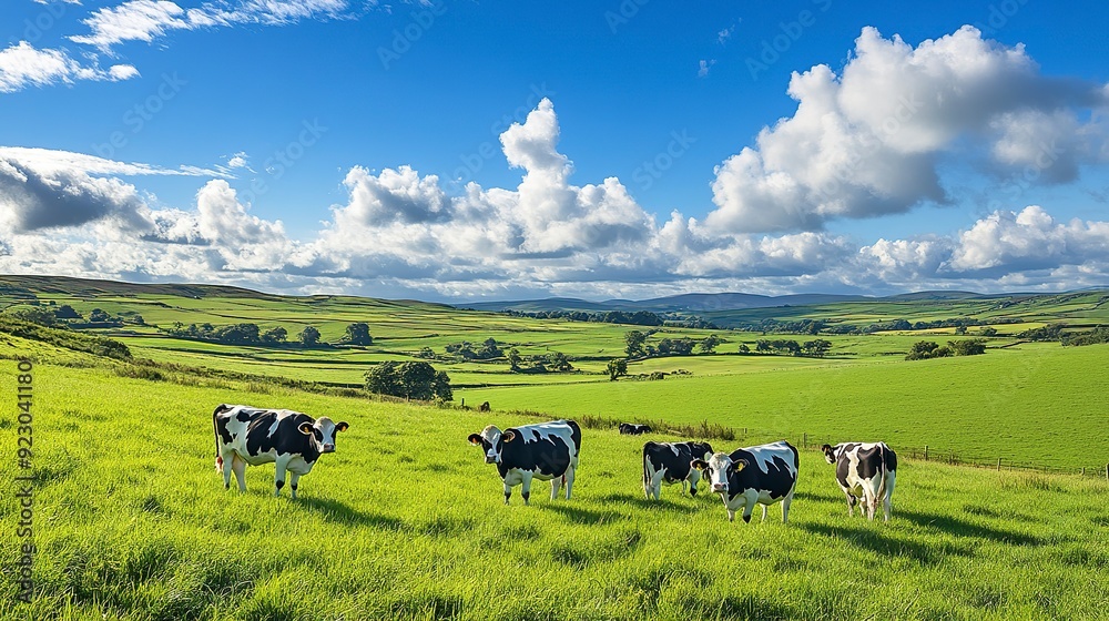 Grazing dairy cows in green pasture under blue skies embodying sustainable tranquil farming Grazing dairy cows in green pasture under blue skies embodying sustainable tranquil farming