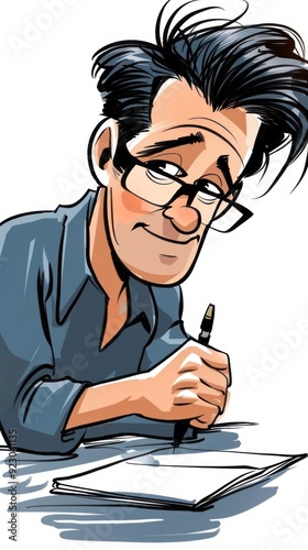 A cartoonish man writing in a notebook with a pen, looking thoughtful and engaged.