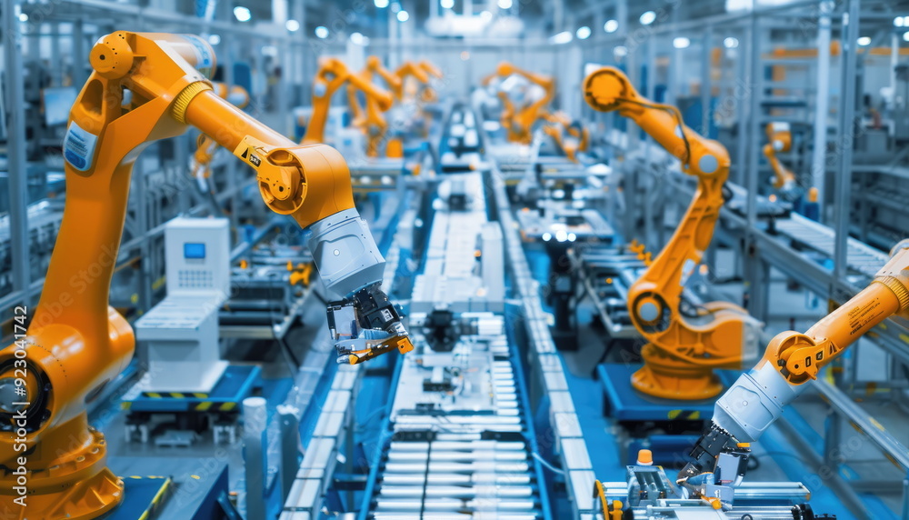 Robotic Arm Assembly Line in Factory Robotic Arm Assembly Line in Factory