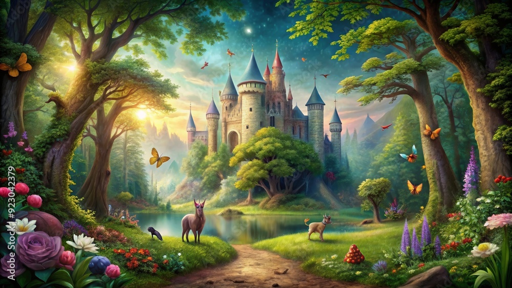 Enchanted forest scene with a beautiful castle in the background surrounded by magical creatures and fairy-tale elements Enchanted forest scene with a beautiful castle in the background surrounded by magical creatures and fairy-tale elements