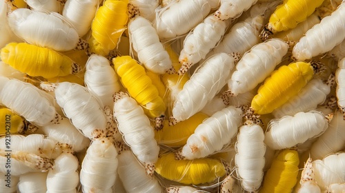 A collection of yellow and white silkworm cocoons.