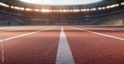 Close up shot of a running track field in a sports event stadium on a vibrant sunny day, stands filled with people cheering with excitement, textured surface, beautiful scenic shot
