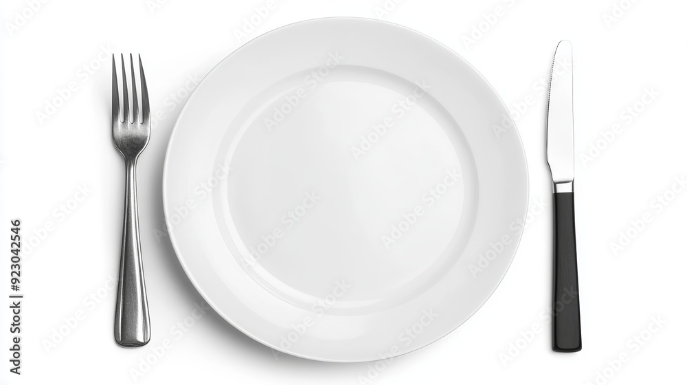 A white background with an empty plate accompanied by a knife and fork. A white background with an empty plate accompanied by a knife and fork.