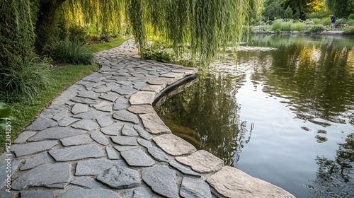 The edge of the pond features paved banks with flat stones arranged in a curved shape