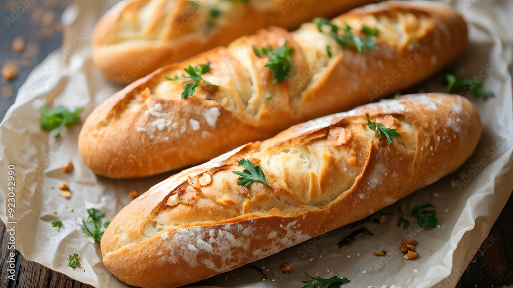 Three loaves of bread with parsley on top Three loaves of bread with parsley on top
