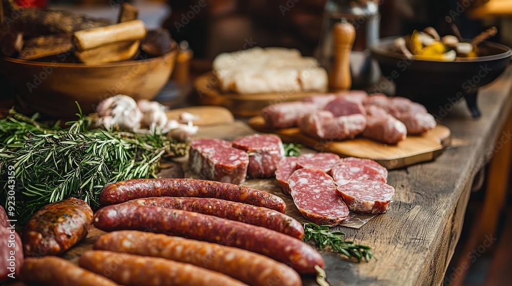 Hunting sausages on the table typically refers to a selection of various types of cured or smoked sausages often enjoyed during outdoor activities or traditional feasts. Hunting sausages on the table typically refers to a selection of various types of cured or smoked sausages often enjoyed during outdoor activities or traditional feasts.