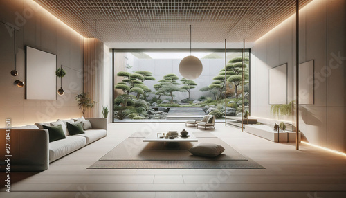 Modern living room with large window overlooking a zen garden.