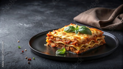 Ready-made lasagna served on a black plate with a space for text and a black banner , lasagna, ready-made, convenience, Italian