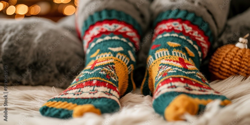 Foot wearing colorful christmas sock Foot wearing colorful christmas sock
