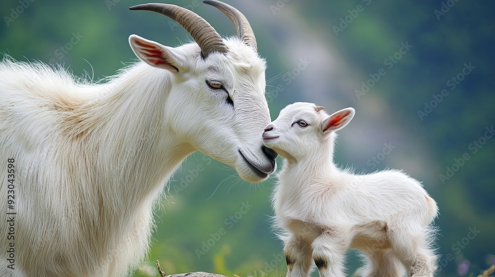 Fototapeta premium A mother goat tenderly nuzzles and gazes at her baby with deep affection. The baby goat, nestled close, feels secure and loved in her presence.