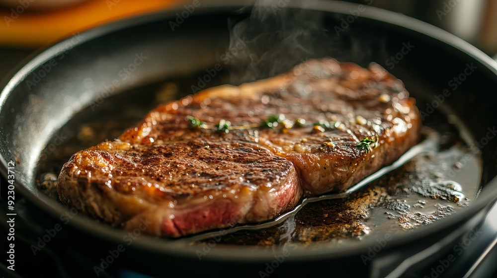 A New York steak sizzles on a nonstick pan, its surface searing to a perfect golden-brown. A New York steak sizzles on a nonstick pan, its surface searing to a perfect golden-brown.