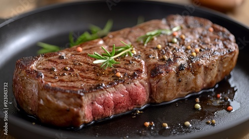 A New York steak sizzles on a nonstick pan, its surface searing to a perfect golden-brown.
