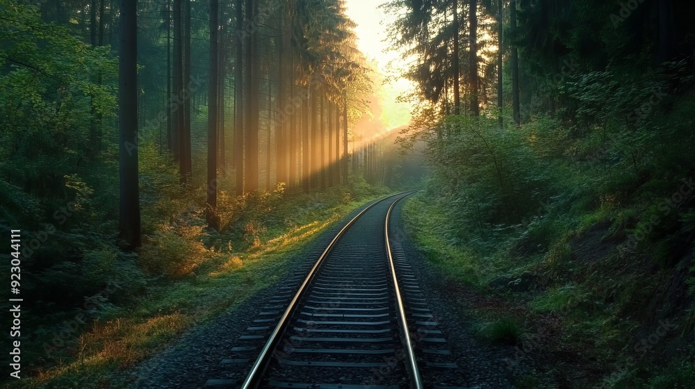 Fototapeta premium A romantic railroad scene winds through a picturesque German forest, with tracks gently curving among tall, majestic trees.