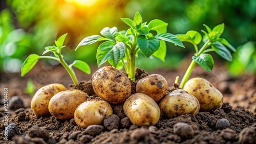 Fresh sprouting potatoes in a garden on background, potato, sprout, vegetable, garden, organic, farm, growth, fresh, agriculture photo