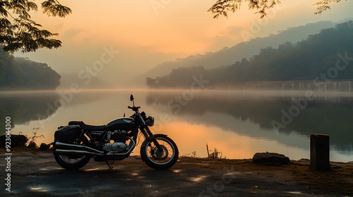 A big bike motorbike is parked on the dam's viewpoint in the morning, with the dim light hitting the dewdrops, creating a warm feeling. hyper detail photo