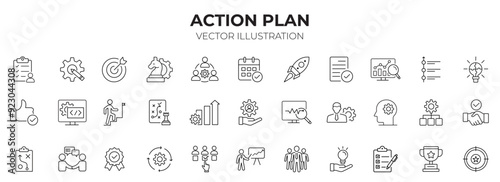 Action plan editable stroke outline icons set. Goal, collaboration, strategy, tasks, action, planning and analysis