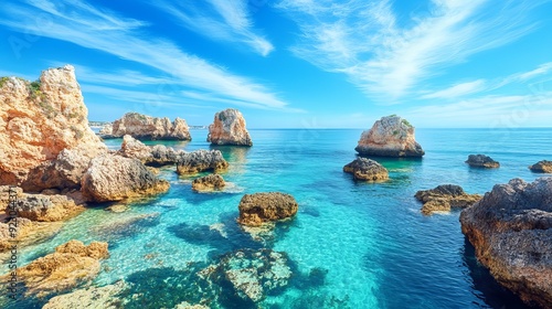 The rocks along the shore of the Atlantic Ocean in Algarve, Portugal, create a stunning summer seascape.