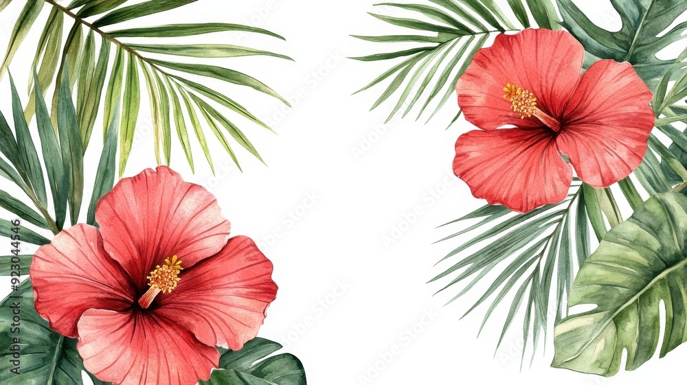 Vibrant Tropical Watercolor Frame with Lush Palm Leaves and Exotic Flowers Vibrant Tropical Watercolor Frame with Lush Palm Leaves and Exotic Flowers