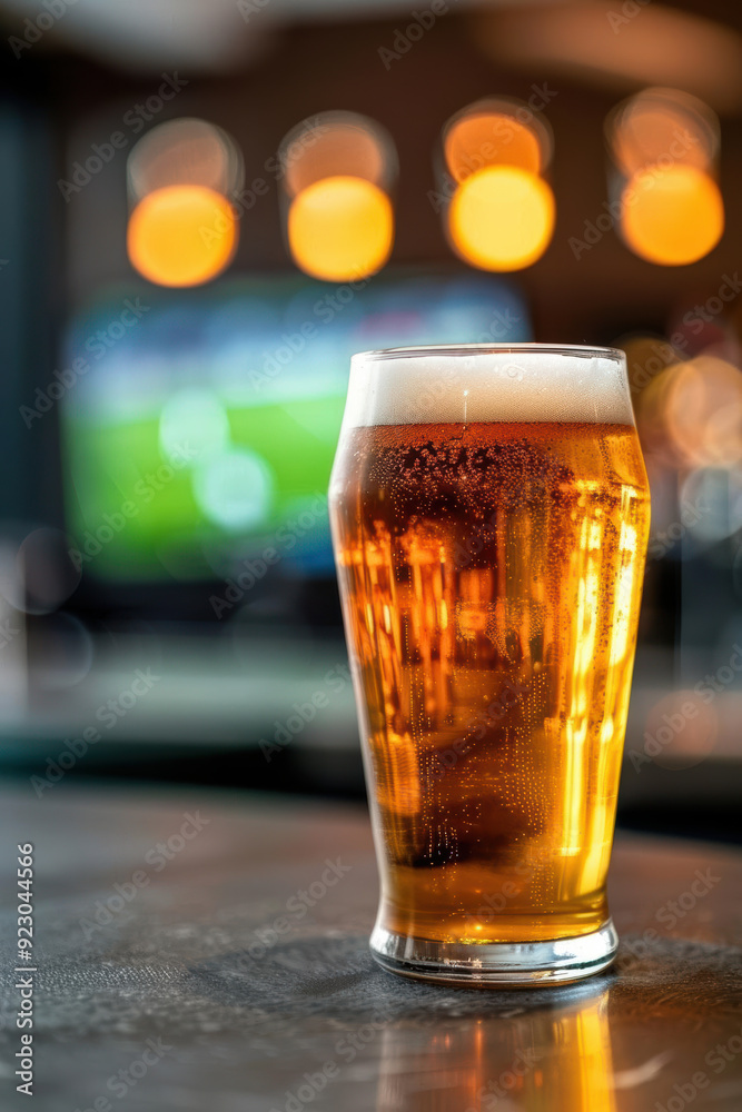 Beer in a pint glass, pub setting with soccer match behind Beer in a pint glass, pub setting with soccer match behind