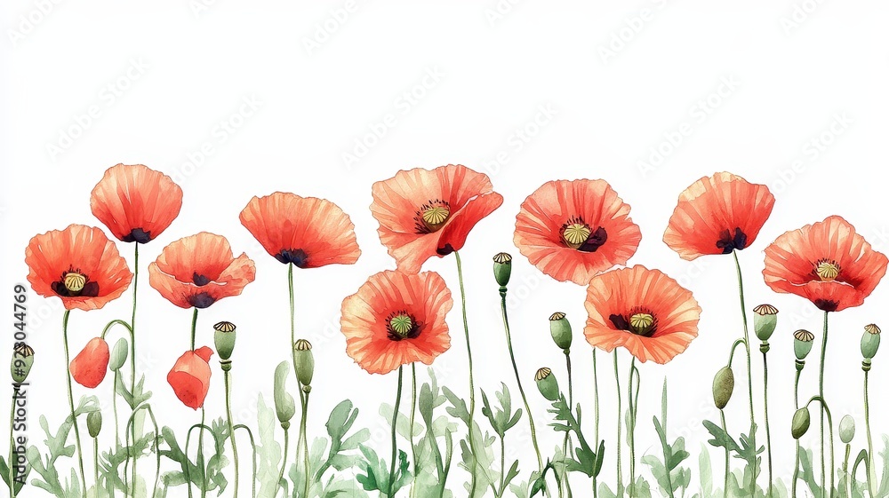 Obraz premium Vibrant Poppy Flower Border in Watercolor Style, Deep Reds of Wild Nature Blooms