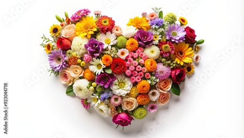 Heart-shaped bouquet of assorted flowers on a white background, Valentine's Day, love, romantic, floral arrangement