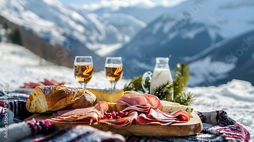 Cuisine and drink presented indoors on a sunny winter day a romantic picnic encircled by mountains with ham and baguette made with cheese on snow