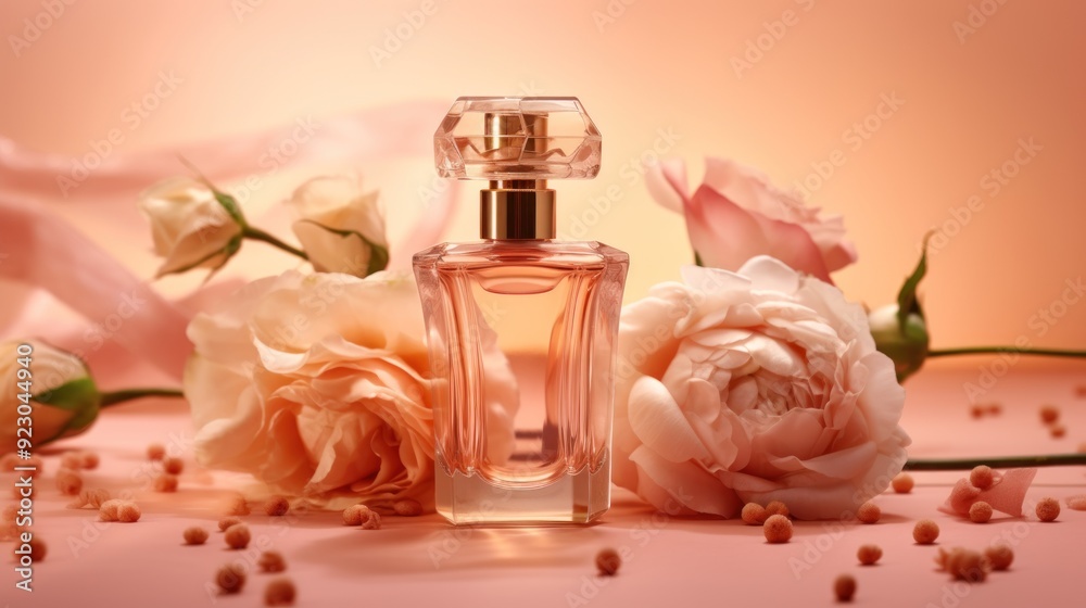 Perfume bottle with roses on a pink background Perfume bottle with roses on a pink background