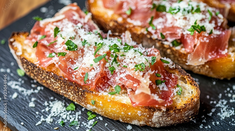 Toasts topped with Serrano ham and Parmesan cheese, offering a delicious combination of savory flavors. Toasts topped with Serrano ham and Parmesan cheese, offering a delicious combination of savory flavors.