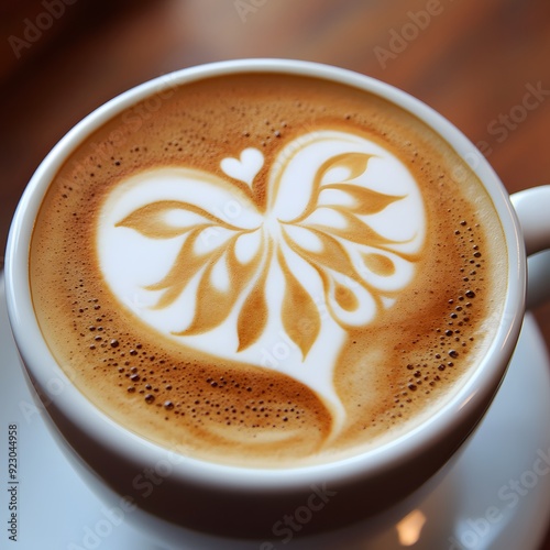 Close-up macro shot of a coffee cup filled with coffee, with intricate latte art designs on the surface, such as a heart, bird, and computer photo