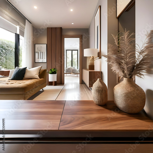 a stylish entryway scene featuring a contemporary wood console table with sleek, modern lines. The background should be slightly blurred, showcasing a chic, modern hallway that complements the furnitu photo