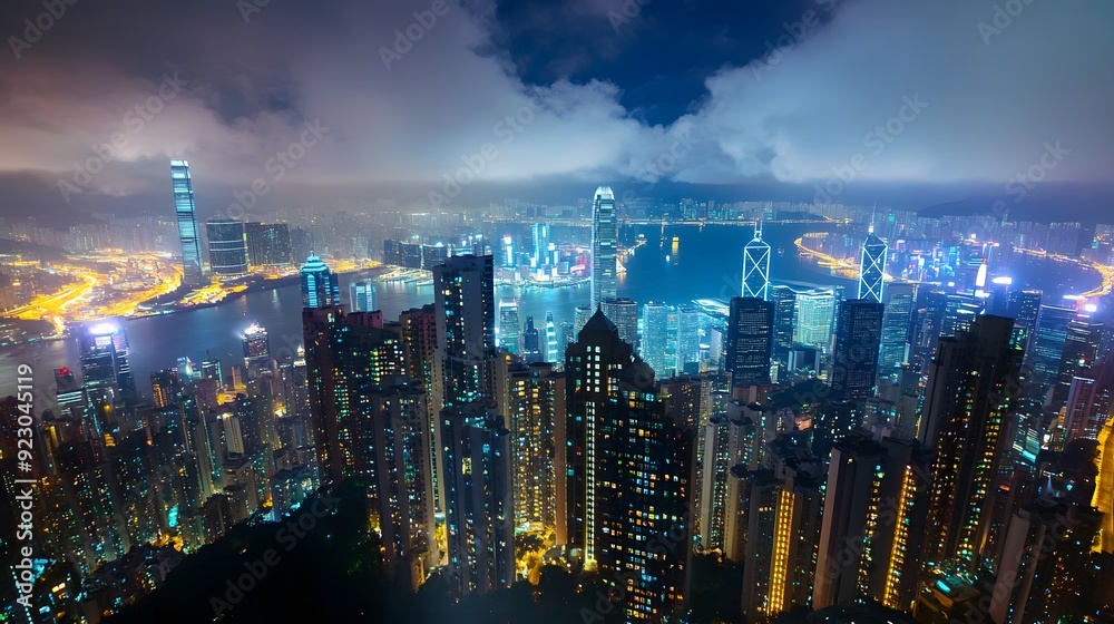 A city skyline at night with glowing skyscrapers and a vibrant urban view A city skyline at night with glowing skyscrapers and a vibrant urban view