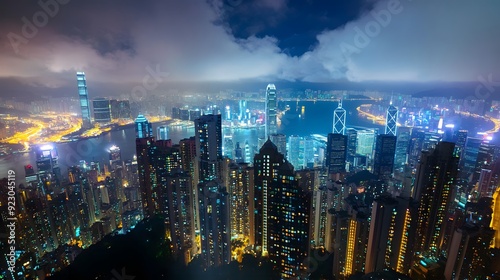 A city skyline at night with glowing skyscrapers and a vibrant urban view photo