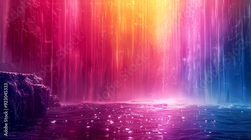 A vibrant waterfall illuminated by colorful lights at dusk creating a surreal atmosphere