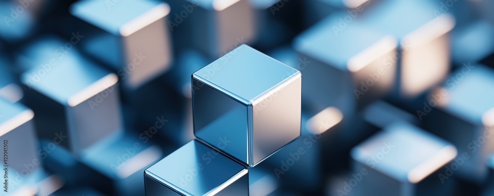 Glossy metallic cubes floating in space, high contrast, 3D abstract background.