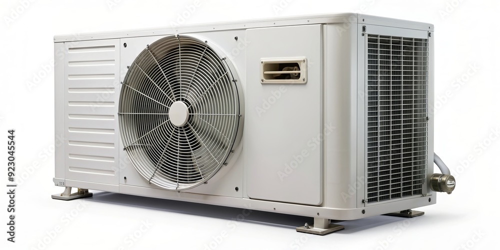 External air conditioning unit with compressor on a white background, split system, cooling External air conditioning unit with compressor on a white background, split system, cooling