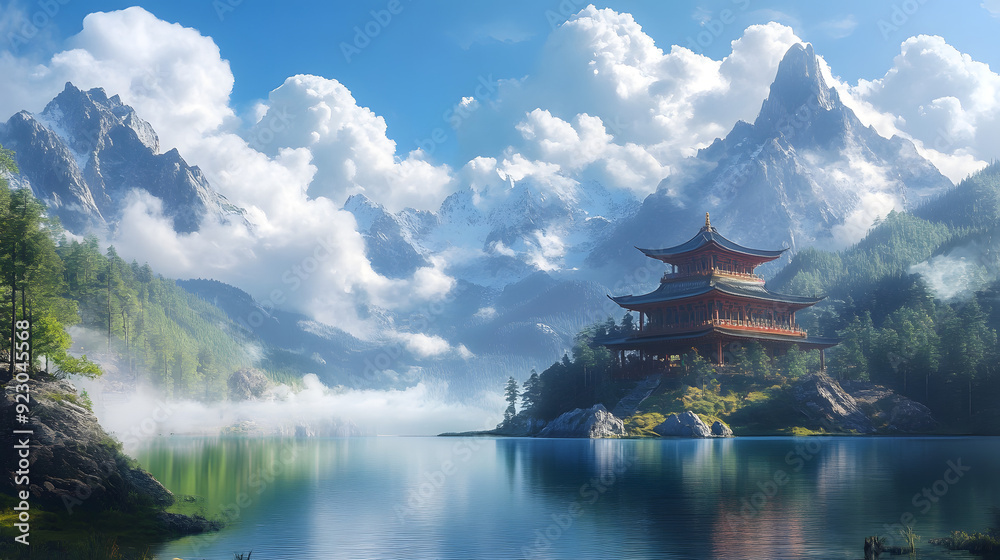 Temple by the Lake: A Serene Reflection of Ancient Architecture Amidst Majestic Mountains Temple by the Lake: A Serene Reflection of Ancient Architecture Amidst Majestic Mountains