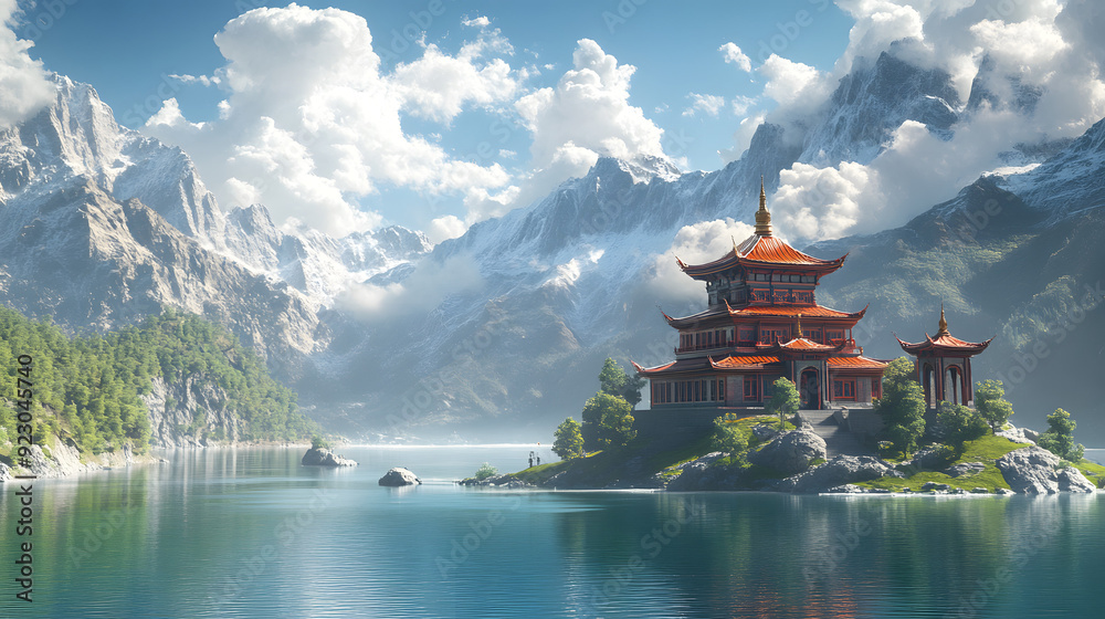 Obraz premium Temple by the Lake: A Serene Reflection of Ancient Architecture Amidst Majestic Mountains