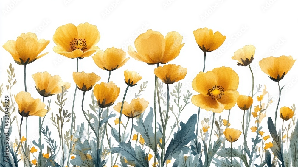 Fototapeta premium Delicate Buttercup Frame with Yellow Blossoms in Watercolor Style, Botanical Meadow Flowers Painting for Nature Design Concepts